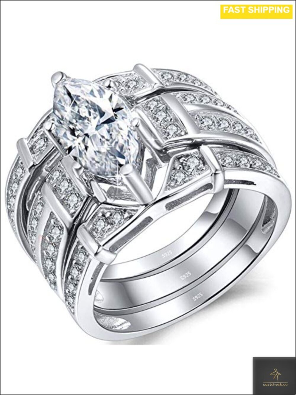 Sterling Silver CZ Marquise Wedding Ring Set Bridal Engagement Rings